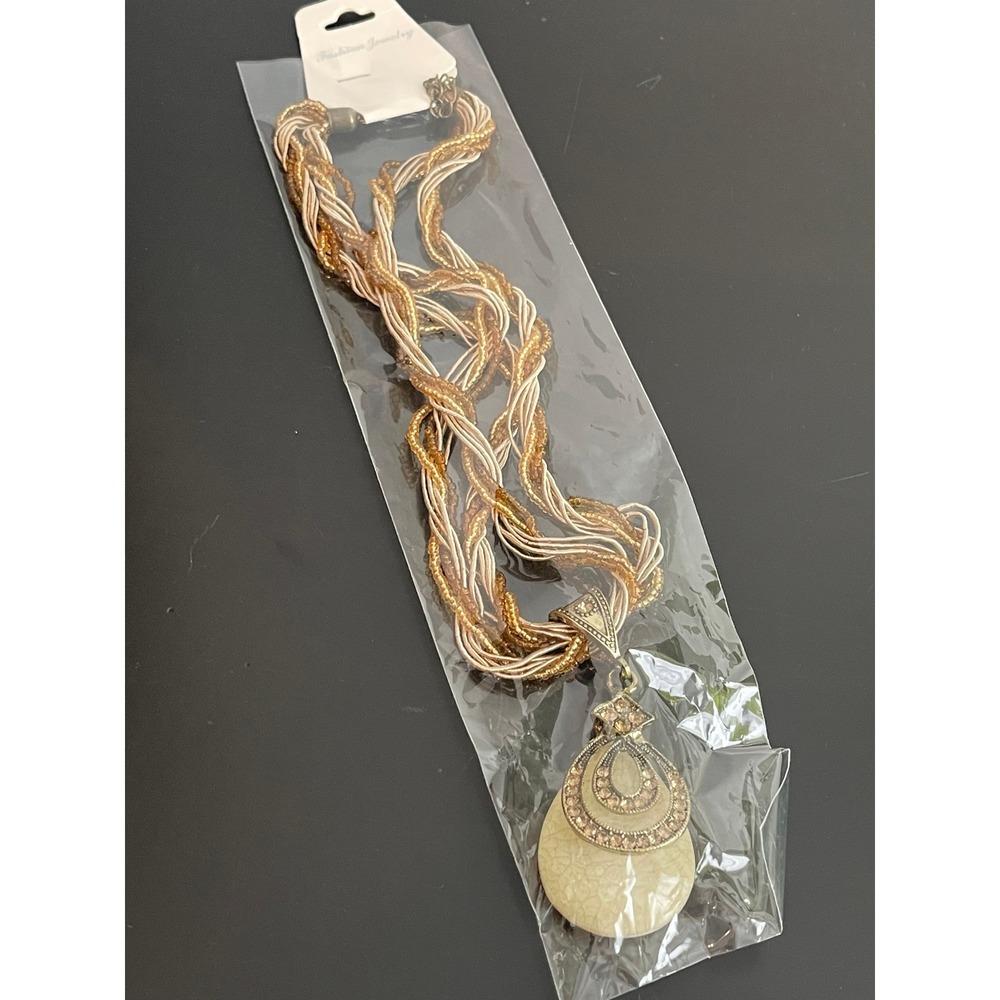 00668 Boho Layered Beaded Pendant Necklace Gold Tone Cream Stone Rhinestone NEW